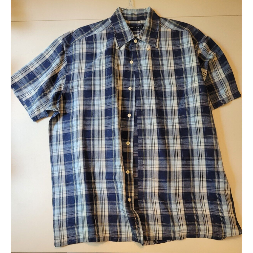 Nautica‎ Linen Blend Button Up Shirt Mens Size Large Short Sleeve Blue Plaid